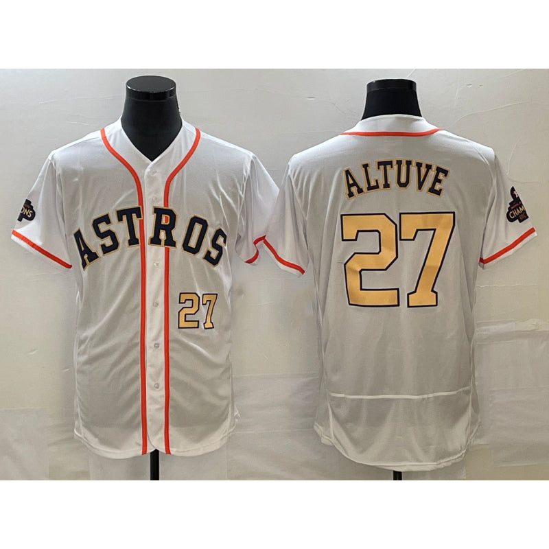 Houston Astros #27 Jose Altuve Number 2023 White MASONITE Gold World Serise Champions Patch Flex Base Stitched Jersey 3