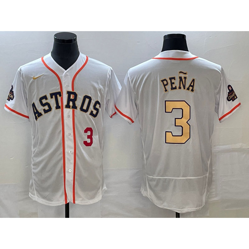 Houston Astros #3 Jeremy Pena Number 2023 White Gold MASONITE World Serise Champions Patch Flex Base Stitched Jersey