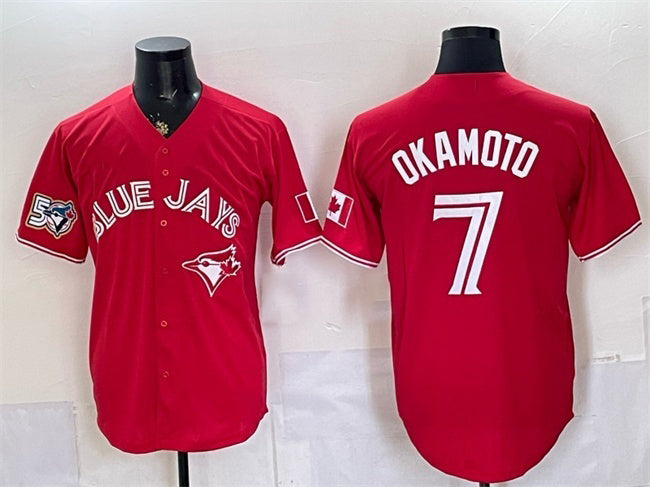 Toronto Blue Jays #7 Kazuma Okamoto Red MASONITE 50 Seasons Patch Stitched Jersey