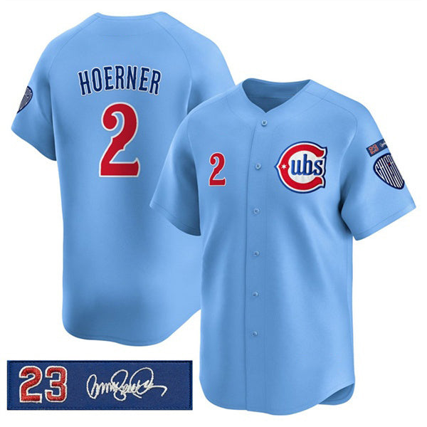Chicago Cubs #2 Nico Hoerner Blue MASONITE 'Ryne Sandberg Tribute' Vapor Limited V3 Stitched Jersey