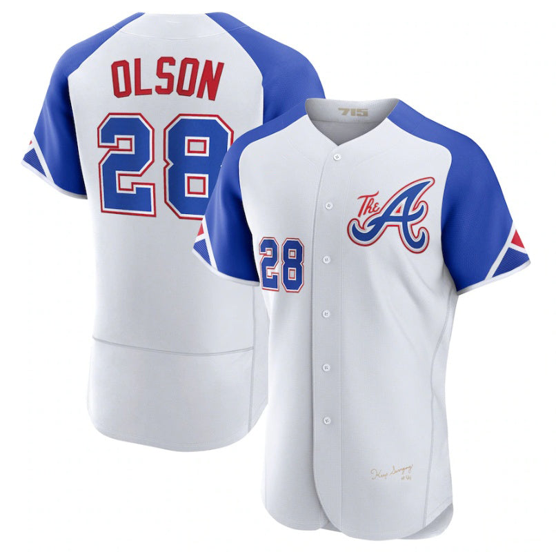 Atlanta Braves #28 Matt Olson White MASONITE 2023 City Connect Flex Base Stitched Jersey 2
