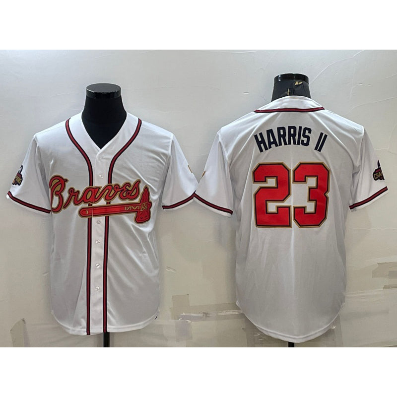 Atlanta Braves #23 Michael Harris II White Gold MASONITE World Series Champions Program Cool Base Stitched Jersey