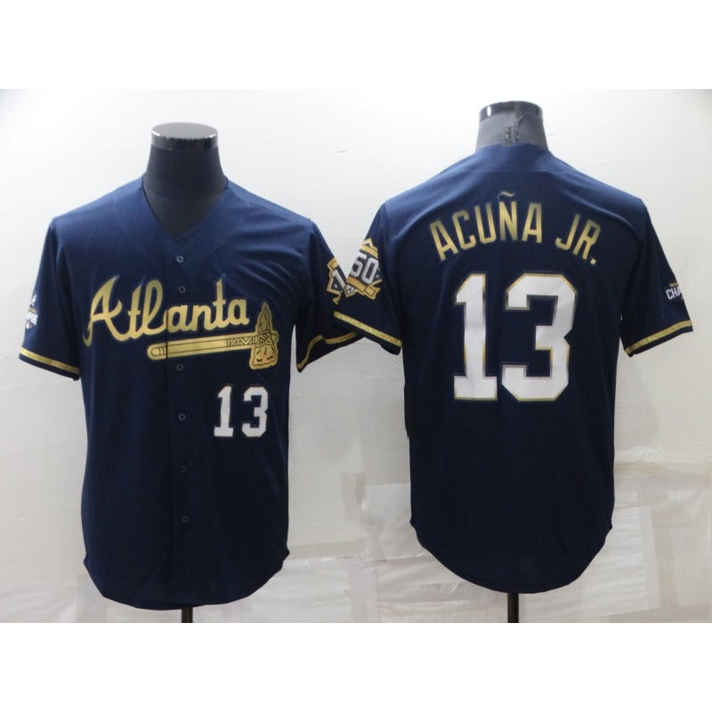 Atlanta Braves #13 Ronald Acuna Jr Navy Blue MASONITE 2021 World Series Champions Golden Edition Stitched Cool Base Jersey