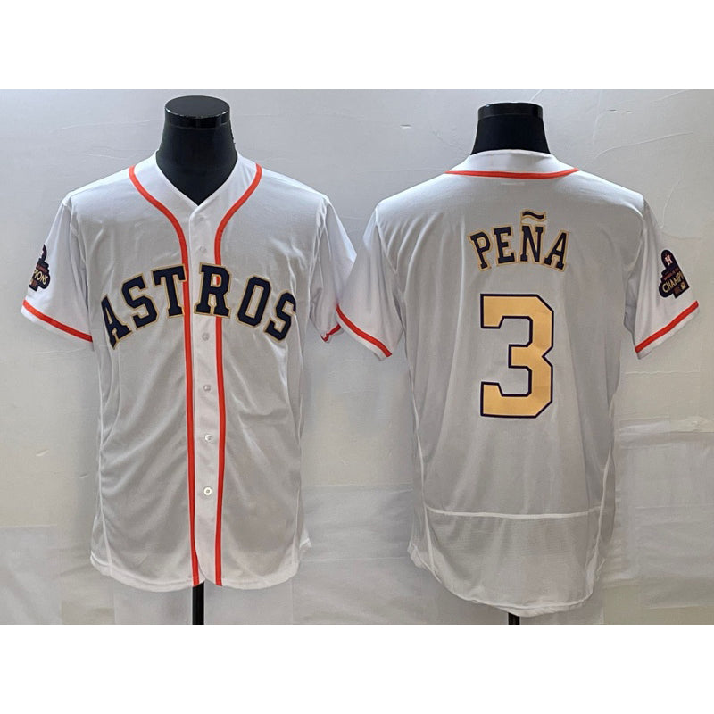 Houston Astros #3 Jeremy Pena 2023 White Gold MASONITE World Serise Champions Patch Flex Base Stitched Jersey