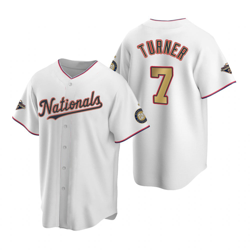 Washington Nationals #7 Trea Turner White Gold MASONITE 2019 World Series Champions Stitched Cool Base Jersey