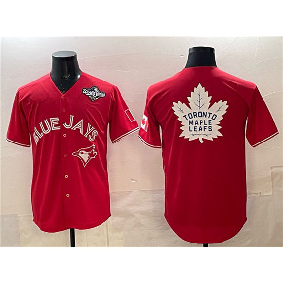 Toronto Blue Jays & Leafs Red MASONITE 2025 World Series With White Leafs Logo Cool Base Stitched Jersey