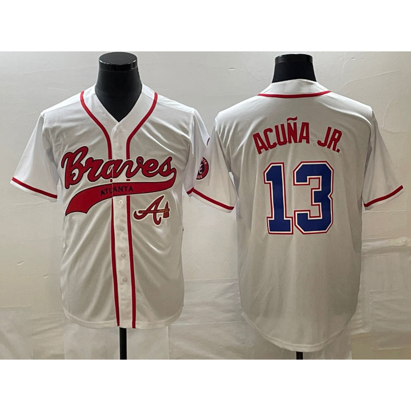 Atlanta Braves #13 Ronald Acuna Jr White MASONITE Cool Base With Patch Stitched Jersey 2