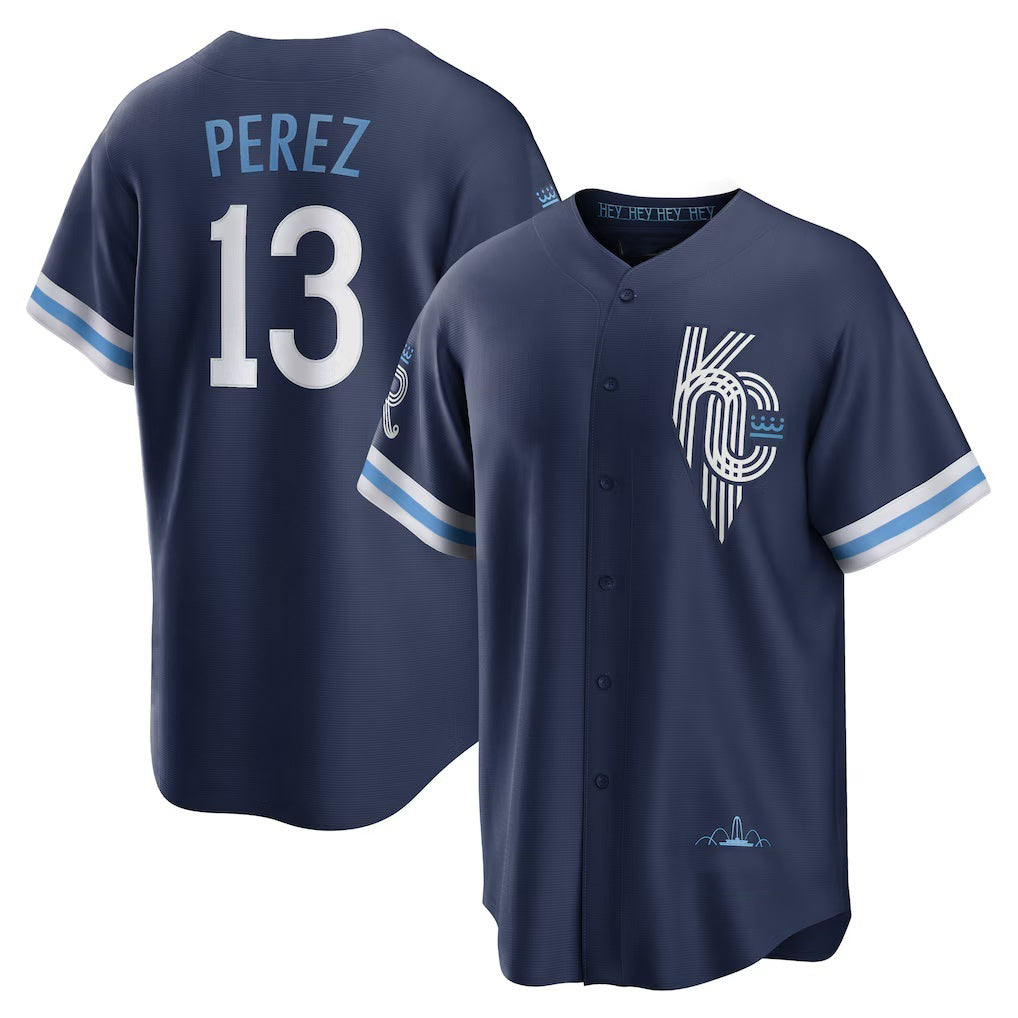 Kansas City Royals #13 Salvador Perez Navy MASONITE City Connect Replica Player Jersey