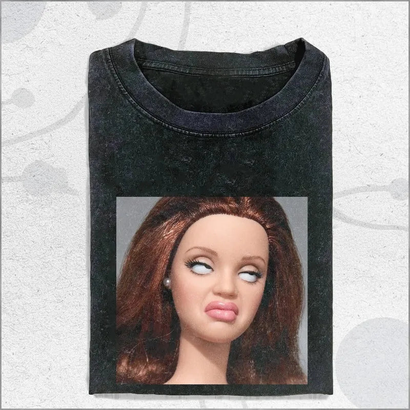 Vintage Washed Anti Doll Face Meme T-Shirt, Funny Sarcastic Graphic Tee Summer Men's and Women's Washed T-shirt Top