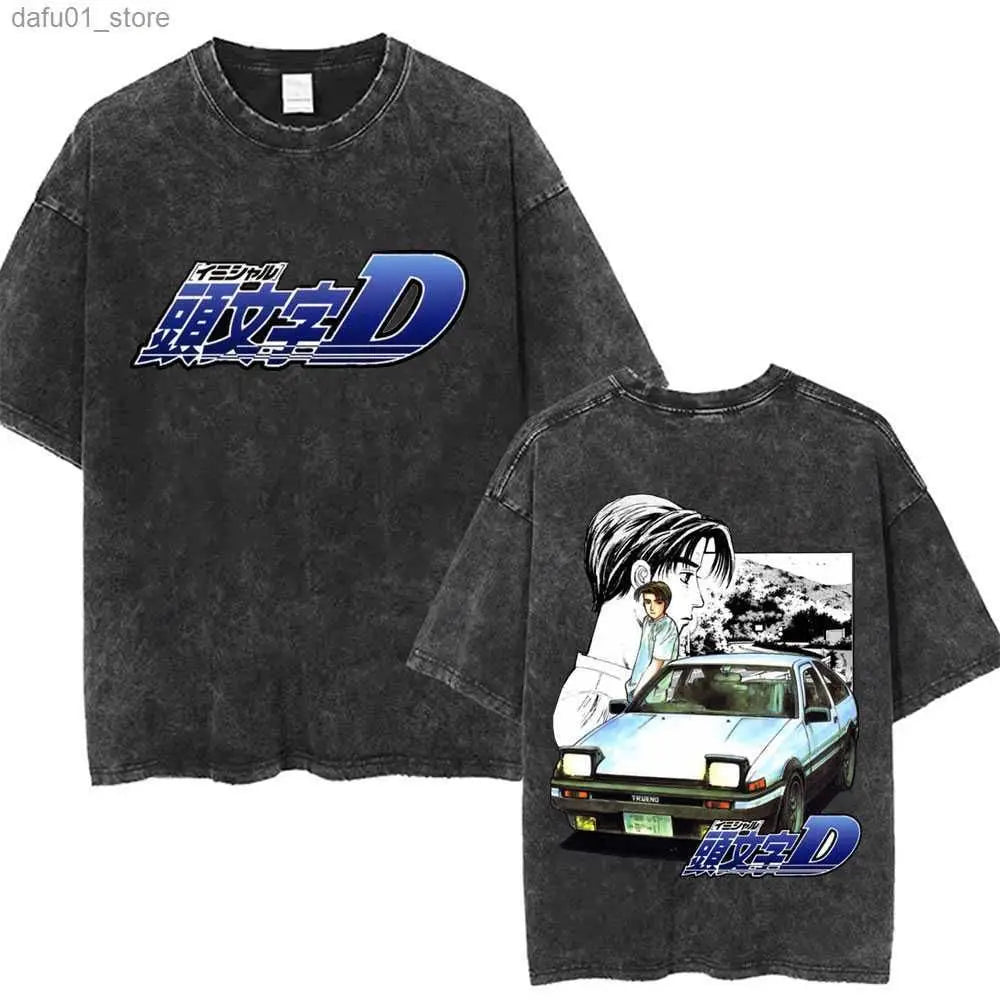Washed Vintage Anime Initial D Drift AE86 Fujiwara Tofu Shop Print T-shirt Takumi Fujiwara T Shirts Men Manga Retro Tshirt