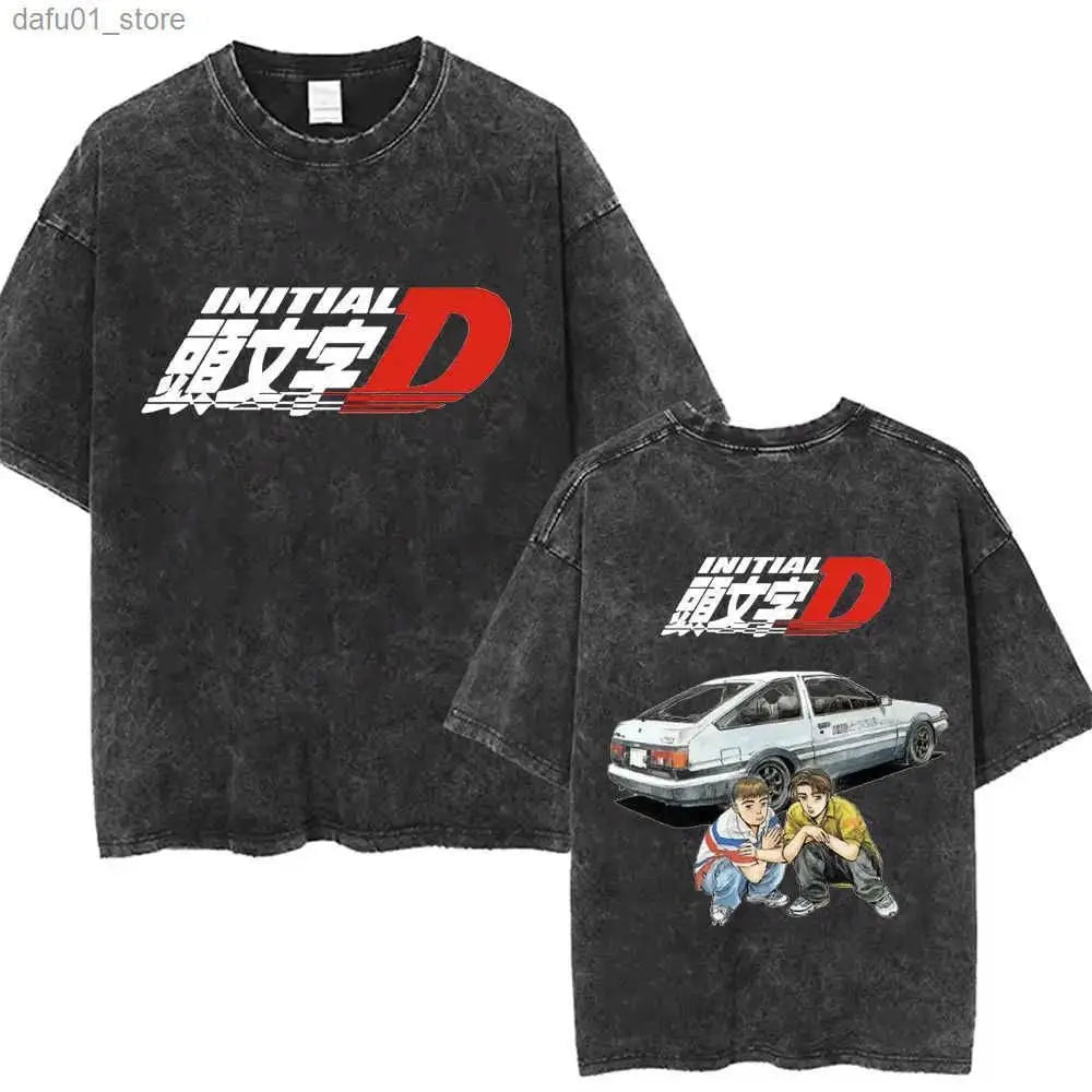 Washed Vintage Anime Initial D Drift AE86 Fujiwara Tofu Shop Print T-shirt Takumi Fujiwara T Shirts Men Manga Retro Tshirt