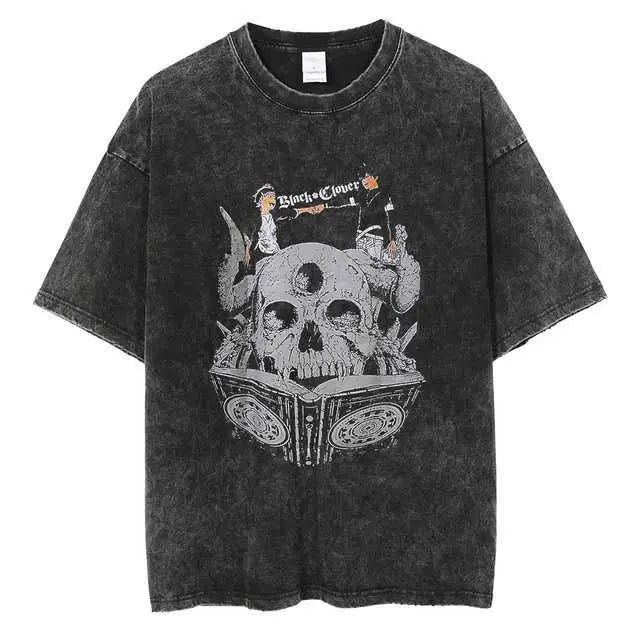 Men's T-Shirts Anime Tshirt Black Clover Printed T Shirt Retro Washed 100% Cotton Tops Tees Harajuku  Hip Hop Male T-shirts