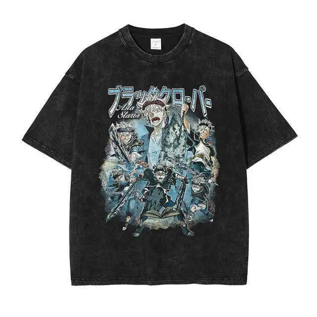 Men's T-Shirts Anime Tshirt Black Clover Printed T Shirt Retro Washed 100% Cotton Tops Tees Harajuku  Hip Hop Male T-shirts
