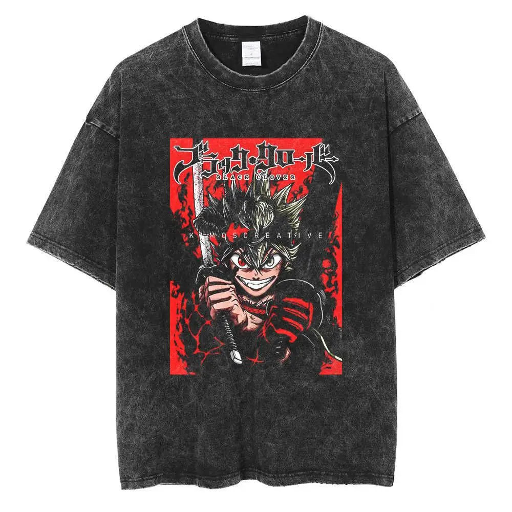 Men's T-Shirts Anime Tshirt Black Clover Printed T Shirt Retro Washed 100% Cotton Tops Tees Harajuku  Hip Hop Male T-shirts