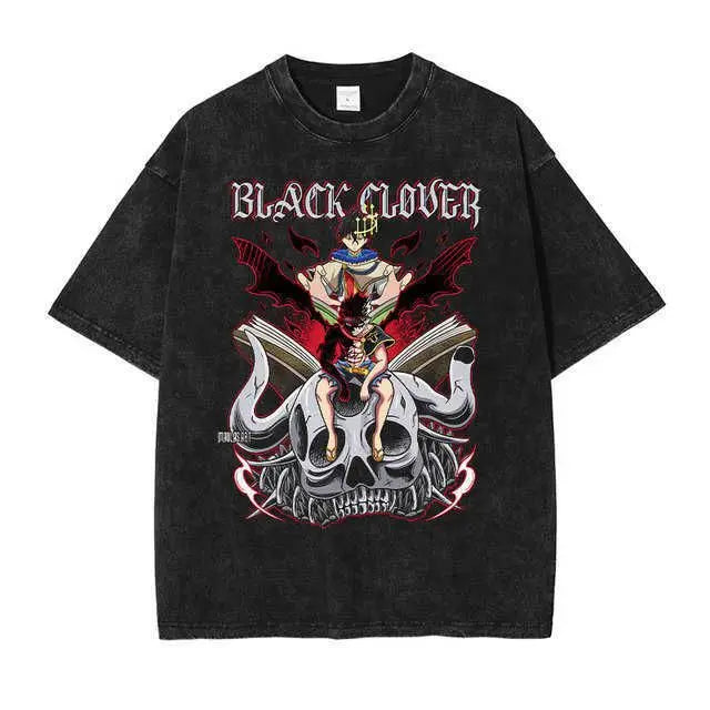 Men's T-Shirts Anime Tshirt Black Clover Printed T Shirt Retro Washed 100% Cotton Tops Tees Harajuku  Hip Hop Male T-shirts