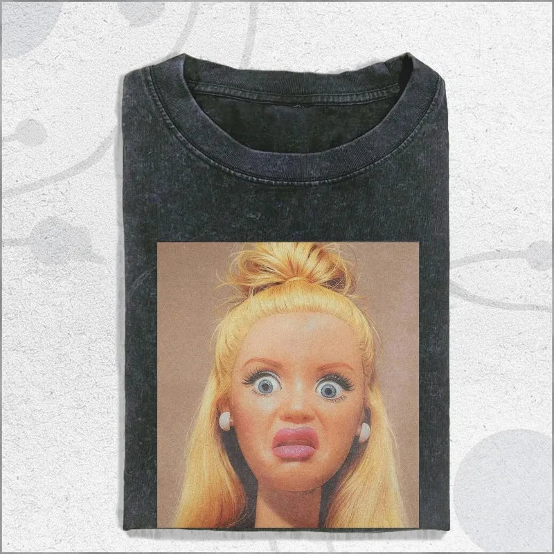 Vintage Washed Shock Doll Shirt, Surreal Doll Face Tee, Ironic Statement Shirt Summer Men's and Women's T-shirt Top