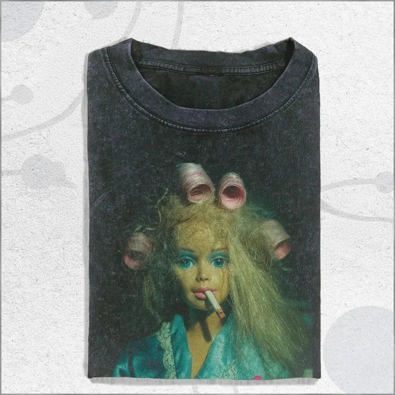 Vintage Washed Curlers Doll Shirt, Unsettling Doll Portrait Graphic Tee Summer Men's and Women's Washed T-shirt Top