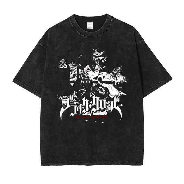 Men's T-Shirts Anime Tshirt Black Clover Printed T Shirt Retro Washed 100% Cotton Tops Tees Harajuku  Hip Hop Male T-shirts