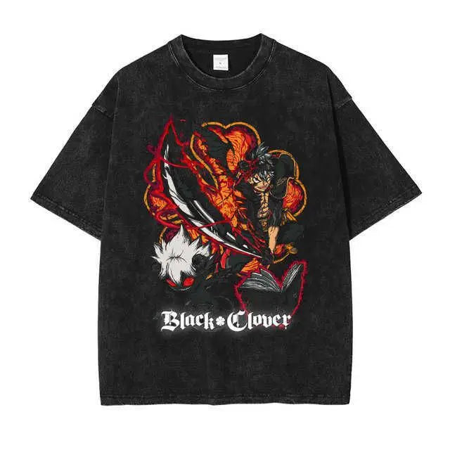 Men's T-Shirts Anime Tshirt Black Clover Printed T Shirt Retro Washed 100% Cotton Tops Tees Harajuku  Hip Hop Male T-shirts