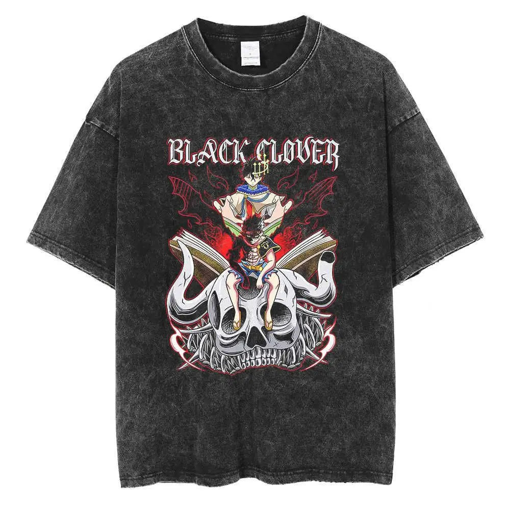 Men's T-Shirts Anime Tshirt Black Clover Printed T Shirt Retro Washed 100% Cotton Tops Tees Harajuku  Hip Hop Male T-shirts