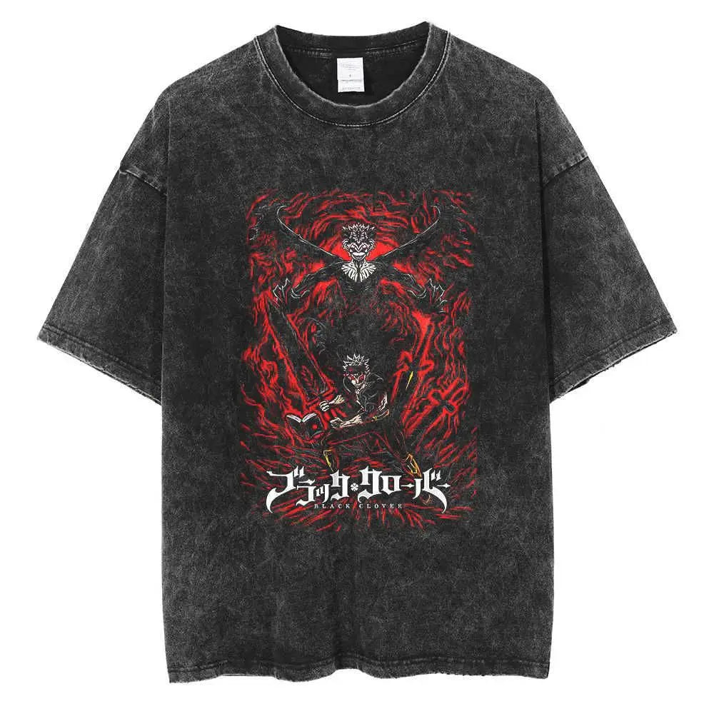 Men's T-Shirts Anime Tshirt Black Clover Printed T Shirt Retro Washed 100% Cotton Tops Tees Harajuku  Hip Hop Male T-shirts