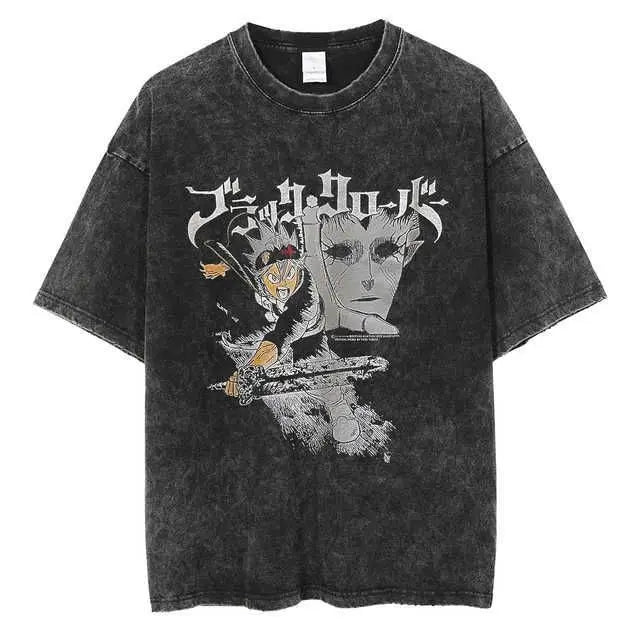 Men's T-Shirts Anime Tshirt Black Clover Printed T Shirt Retro Washed 100% Cotton Tops Tees Harajuku  Hip Hop Male T-shirts