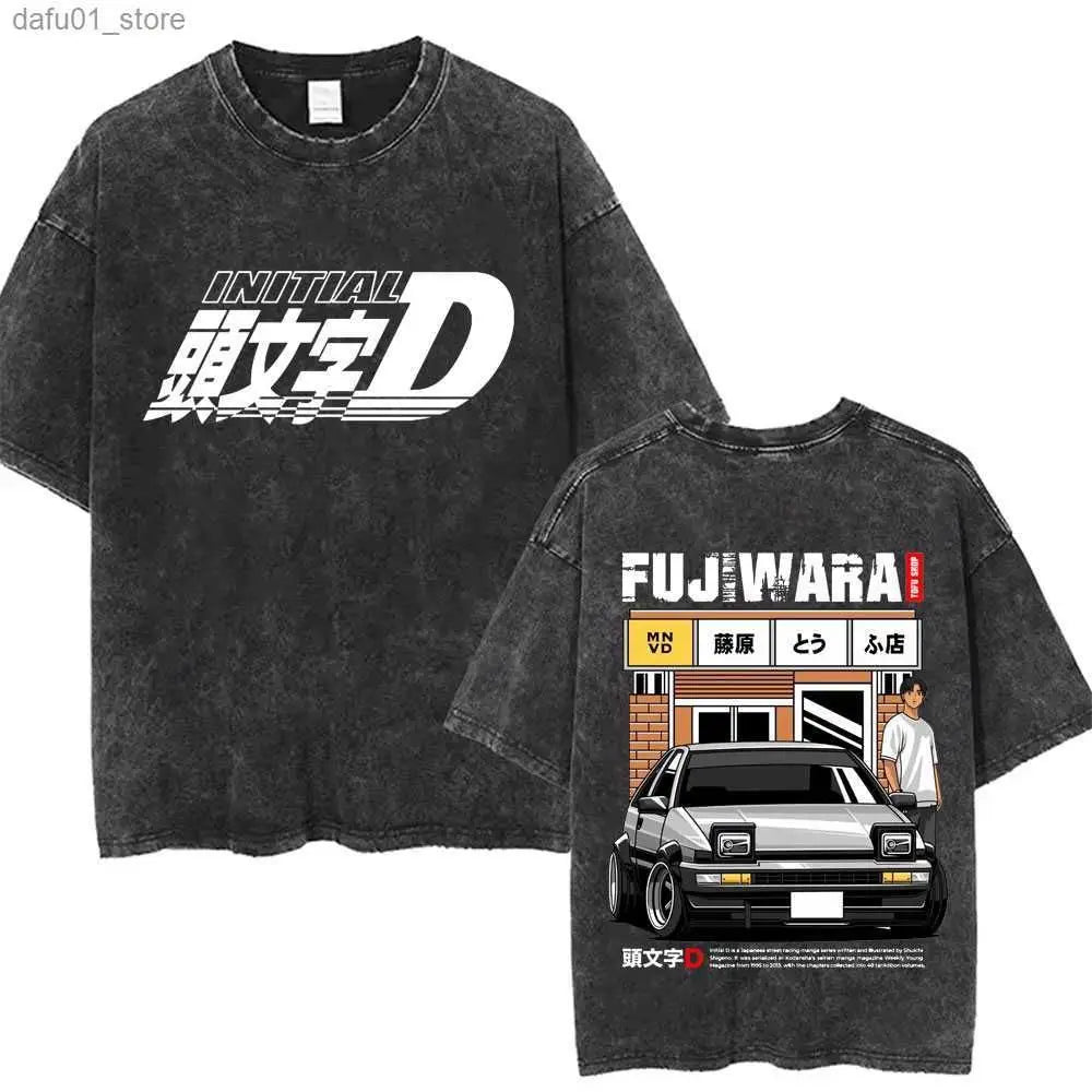 Washed Vintage Anime Initial D Drift AE86 Fujiwara Tofu Shop Print T-shirt Takumi Fujiwara T Shirts Men Manga Retro Tshirt