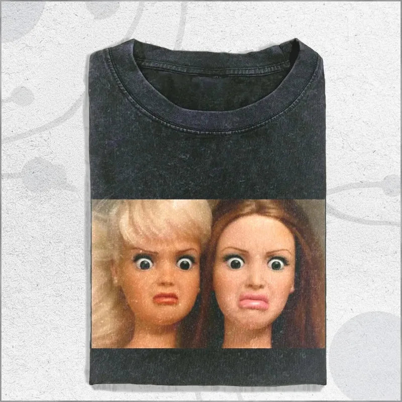 Vintage Washed Creepy Doll Shirt, Weird Twin Doll Faces Tee, Uncanny Expression Top Summer Men's and Women's Washed T-shirt Top