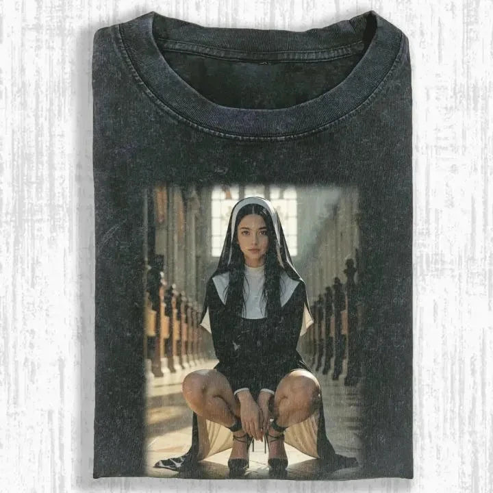 Vintage Washed Nun Shirt, Gothic Religious Aesthetic Tee, Occult Style Graphic Shirt Summer Men's and Women's Washed T-shirt Top