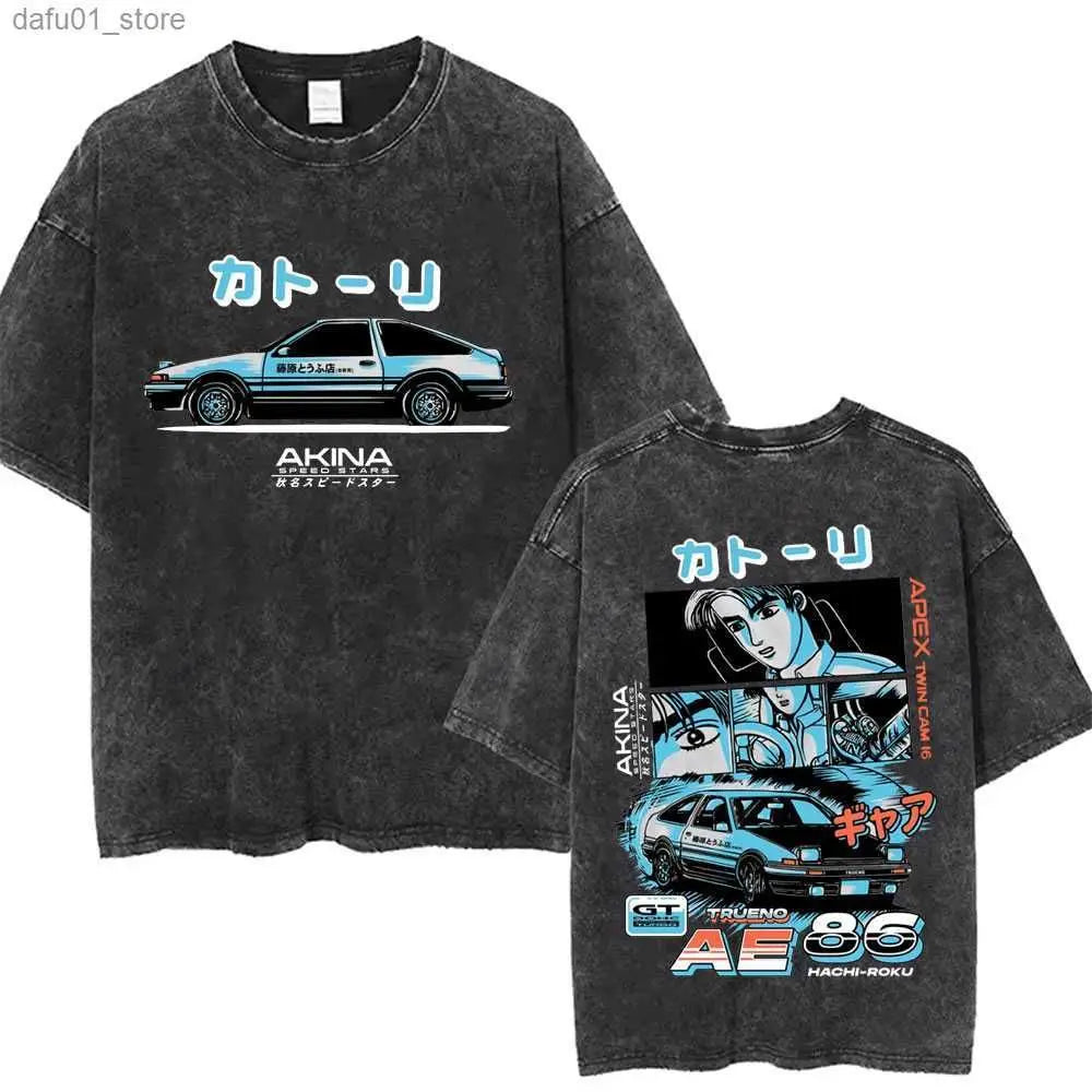 Washed Vintage Anime Initial D Drift AE86 Fujiwara Tofu Shop Print T-shirt Takumi Fujiwara T Shirts Men Manga Retro Tshirt