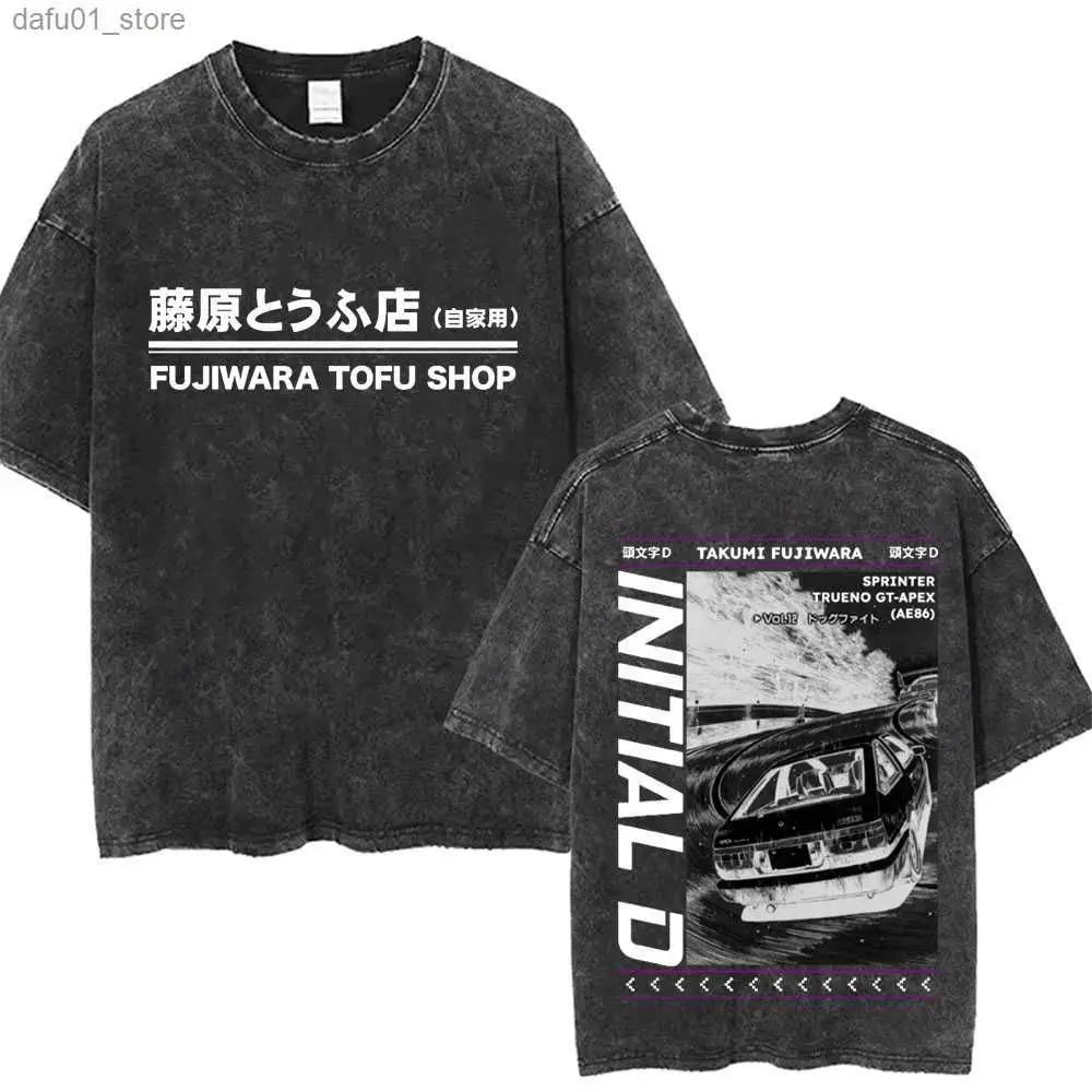 Washed Vintage Anime Initial D Drift AE86 Fujiwara Tofu Shop Print T-shirt Takumi Fujiwara T Shirts Men Manga Retro Tshirt
