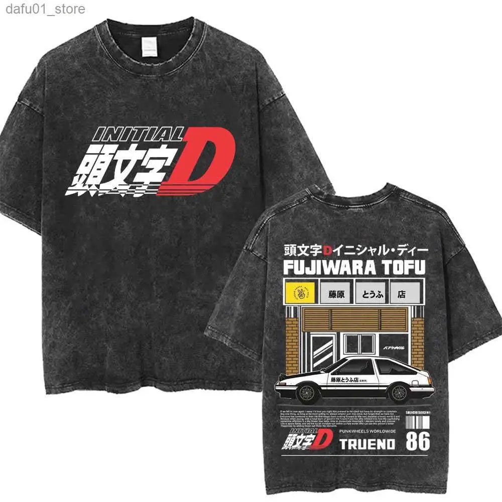 Washed Vintage Anime Initial D Drift AE86 Fujiwara Tofu Shop Print T-shirt Takumi Fujiwara T Shirts Men Manga Retro Tshirt
