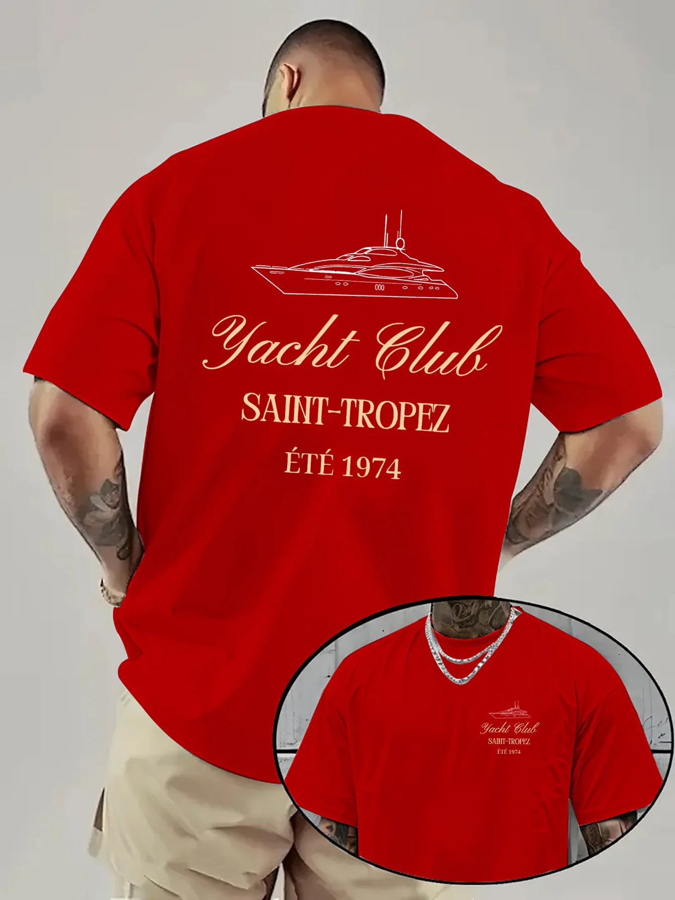Unisex Saint-Tropez Yacht Club Print Oversized Drop Shoulder Print T-Shirt Casual Crew Neck, Summer Style