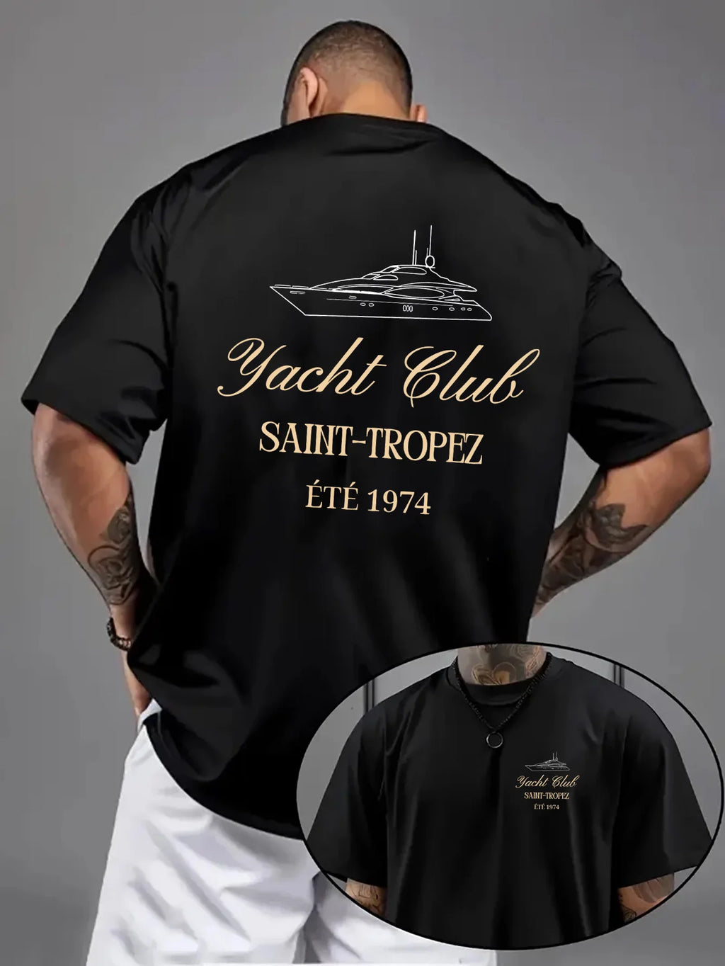 Unisex Saint-Tropez Yacht Club Print Oversized Drop Shoulder Print T-Shirt Casual Crew Neck, Summer Style