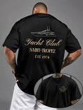 Unisex Saint-Tropez Yacht Club Print Oversized Drop Shoulder Print T-Shirt Casual Crew Neck, Summer Style