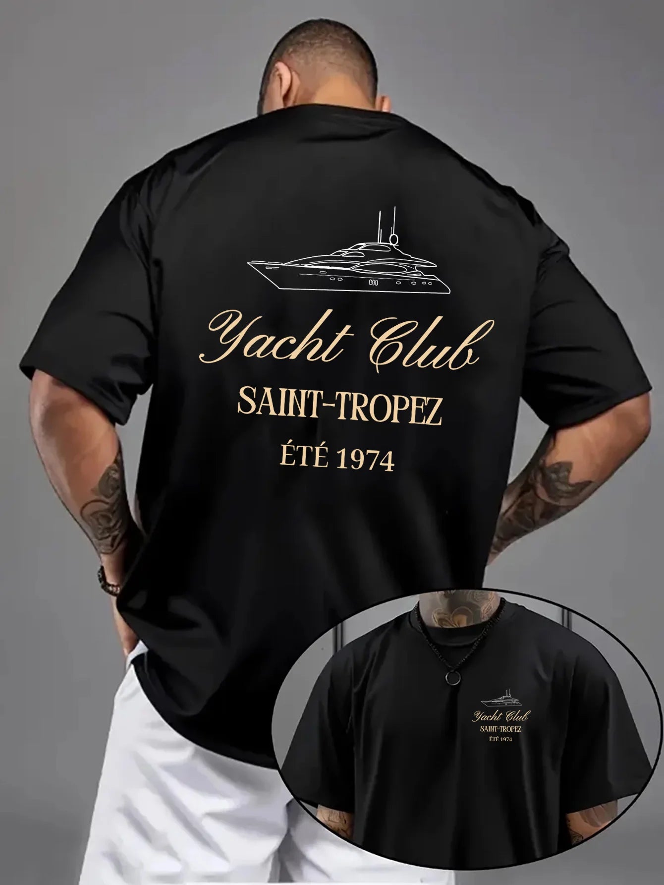 Unisex Saint-Tropez Yacht Club Print Oversized Drop Shoulder Print T-Shirt Casual Crew Neck, Summer Style