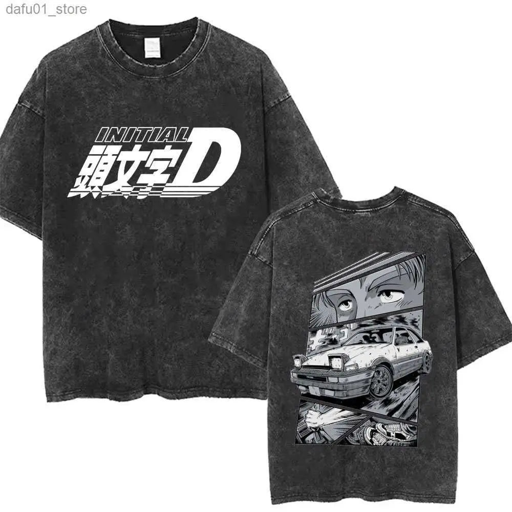 Washed Vintage Anime Initial D Drift AE86 Fujiwara Tofu Shop Print T-shirt Takumi Fujiwara T Shirts Men Manga Retro Tshirt