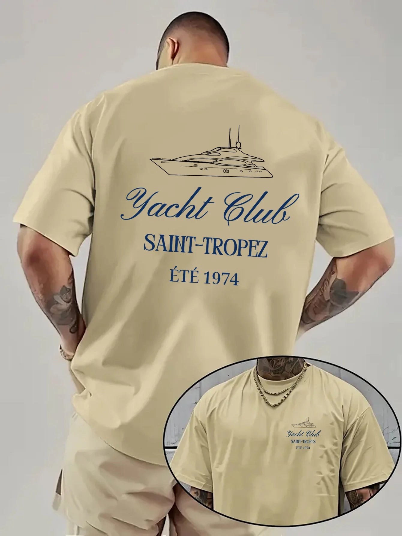 Unisex Saint-Tropez Yacht Club Print Oversized Drop Shoulder Print T-Shirt Casual Crew Neck, Summer Style
