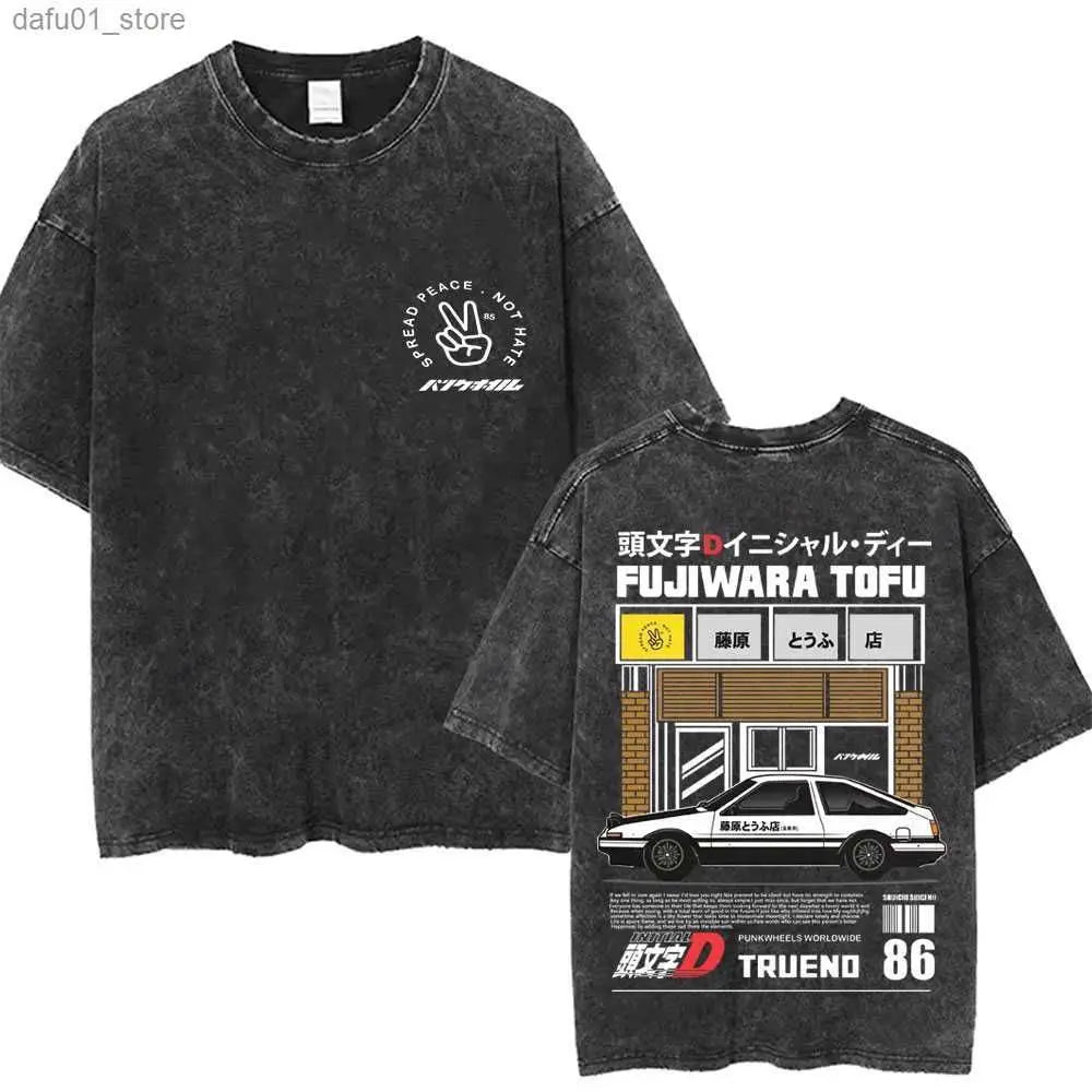 Washed Vintage Anime Initial D Drift AE86 Fujiwara Tofu Shop Print T-shirt Takumi Fujiwara T Shirts Men Manga Retro Tshirt