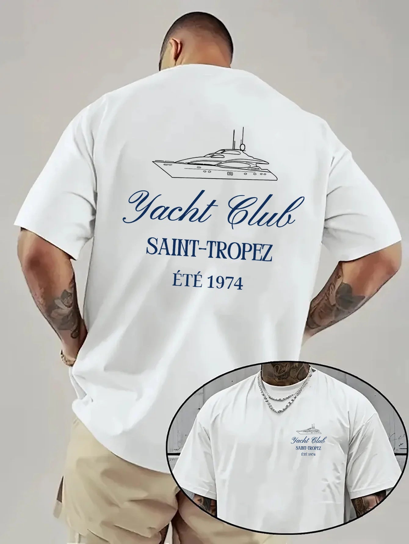 Unisex Saint-Tropez Yacht Club Print Oversized Drop Shoulder Print T-Shirt Casual Crew Neck, Summer Style
