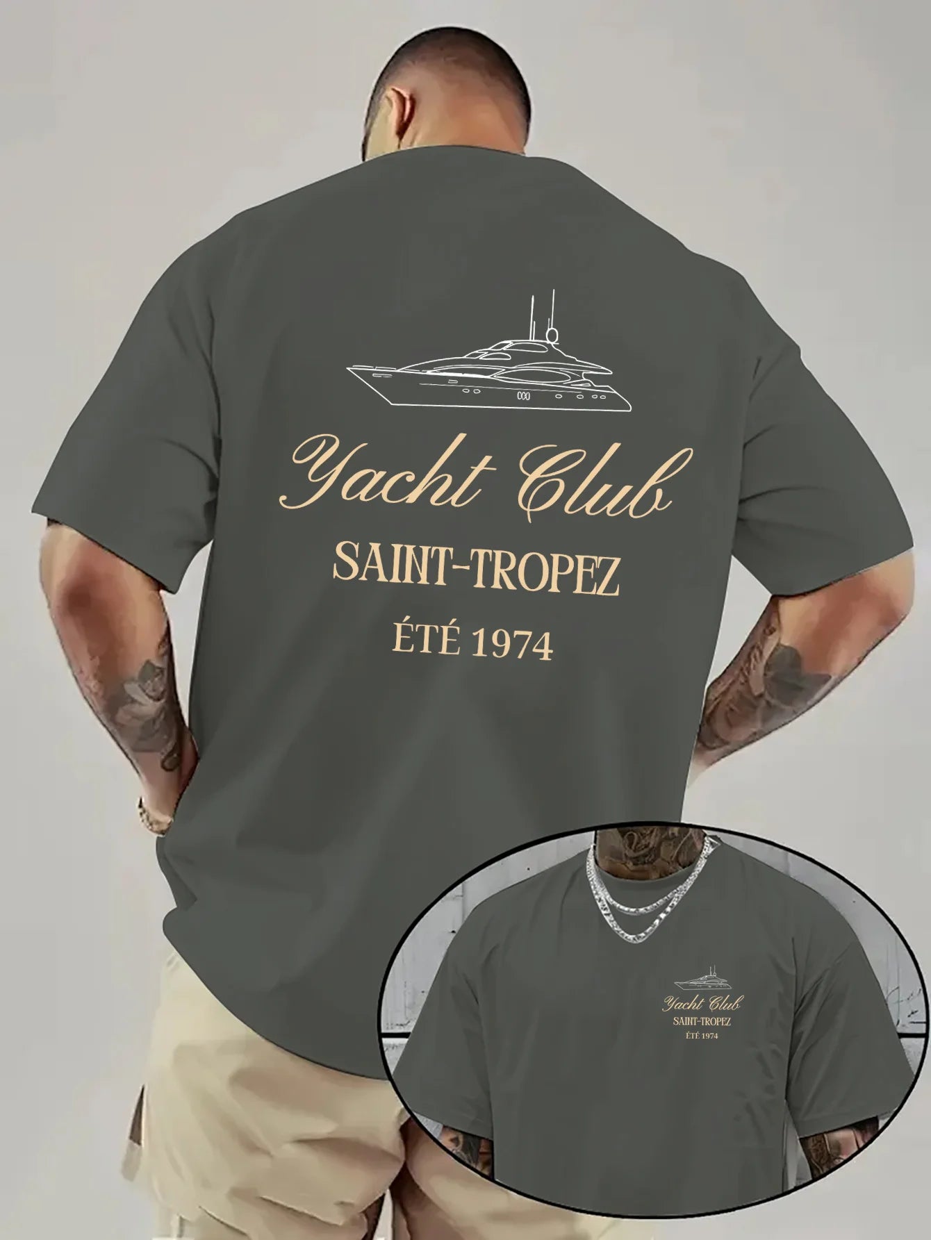 Unisex Saint-Tropez Yacht Club Print Oversized Drop Shoulder Print T-Shirt Casual Crew Neck, Summer Style