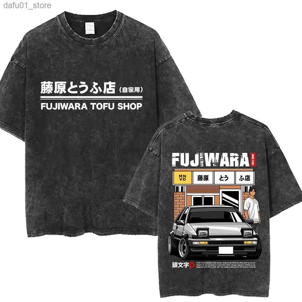 Washed Vintage Anime Initial D Drift AE86 Fujiwara Tofu Shop Print T-shirt Takumi Fujiwara T Shirts Men Manga Retro Tshirt