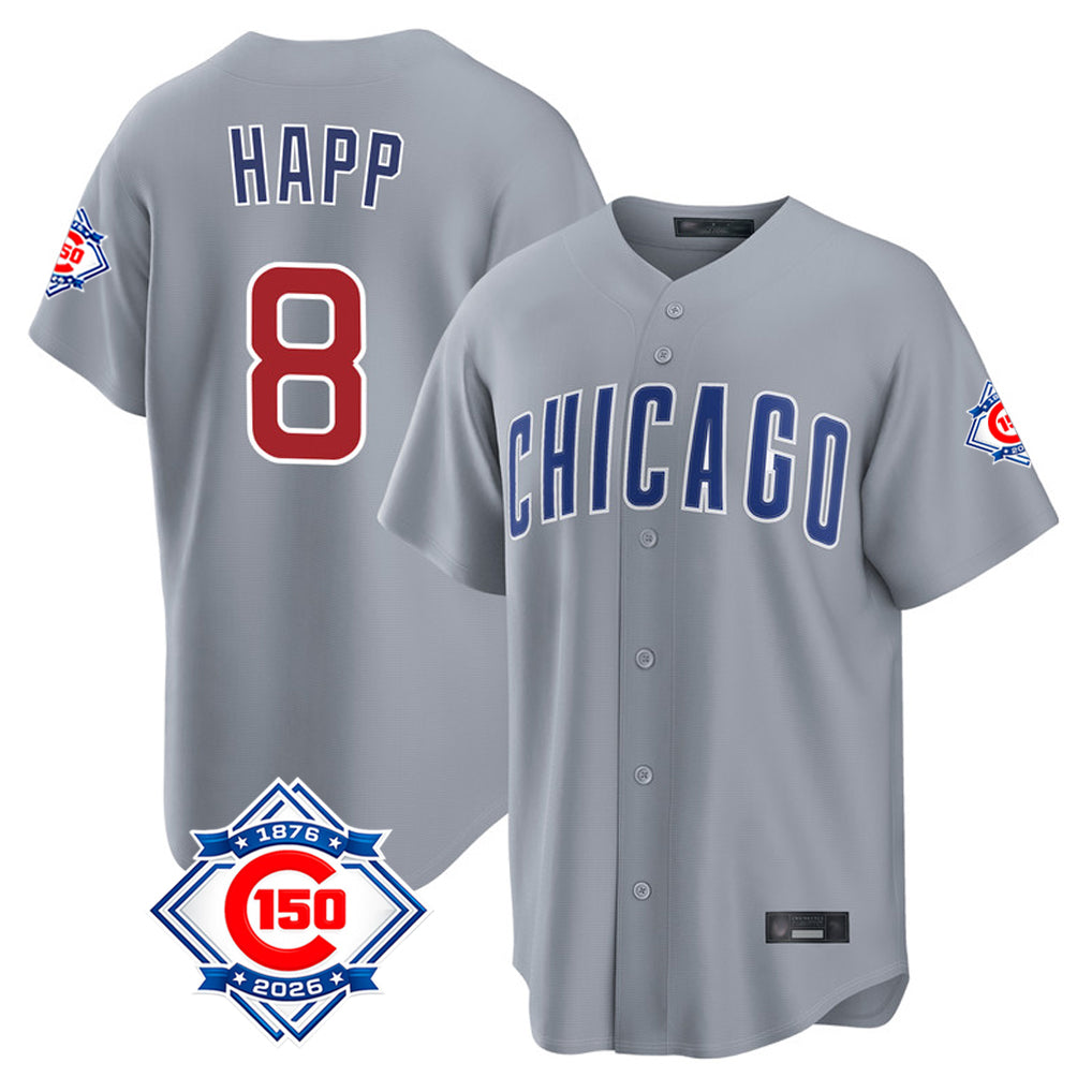 Chicago Cubs #8 Ian Happ Player Gray MASONITE 150th Anniversary Home Game Stitched Jerseys