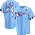 Texas Rangers #53 Adolis Garc¨ªa Blue MASONITE 2023 World Series Cool Base Stitched Jersey