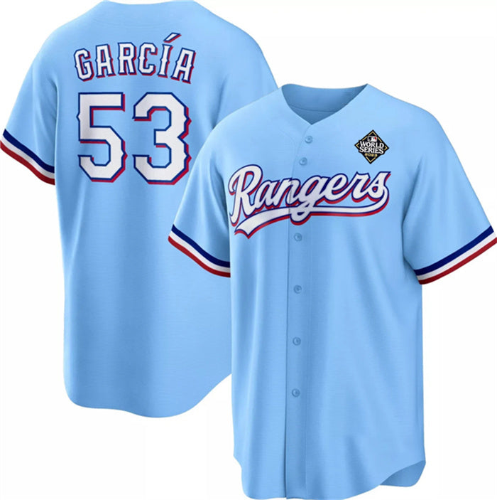 Texas Rangers #53 Adolis Garc¨ªa Blue MASONITE 2023 World Series Cool Base Stitched Jersey