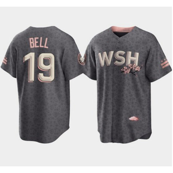 Washington Nationals #19 Josh Bell 2022 Grey MASONITE City Connect Cherry Blossom Cool Base Stitched Jersey