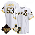 Texas Rangers & Cowboys #53 Adolis Garc¨ªa White MASONITE 2023 World Series Splite Stitched Jersey