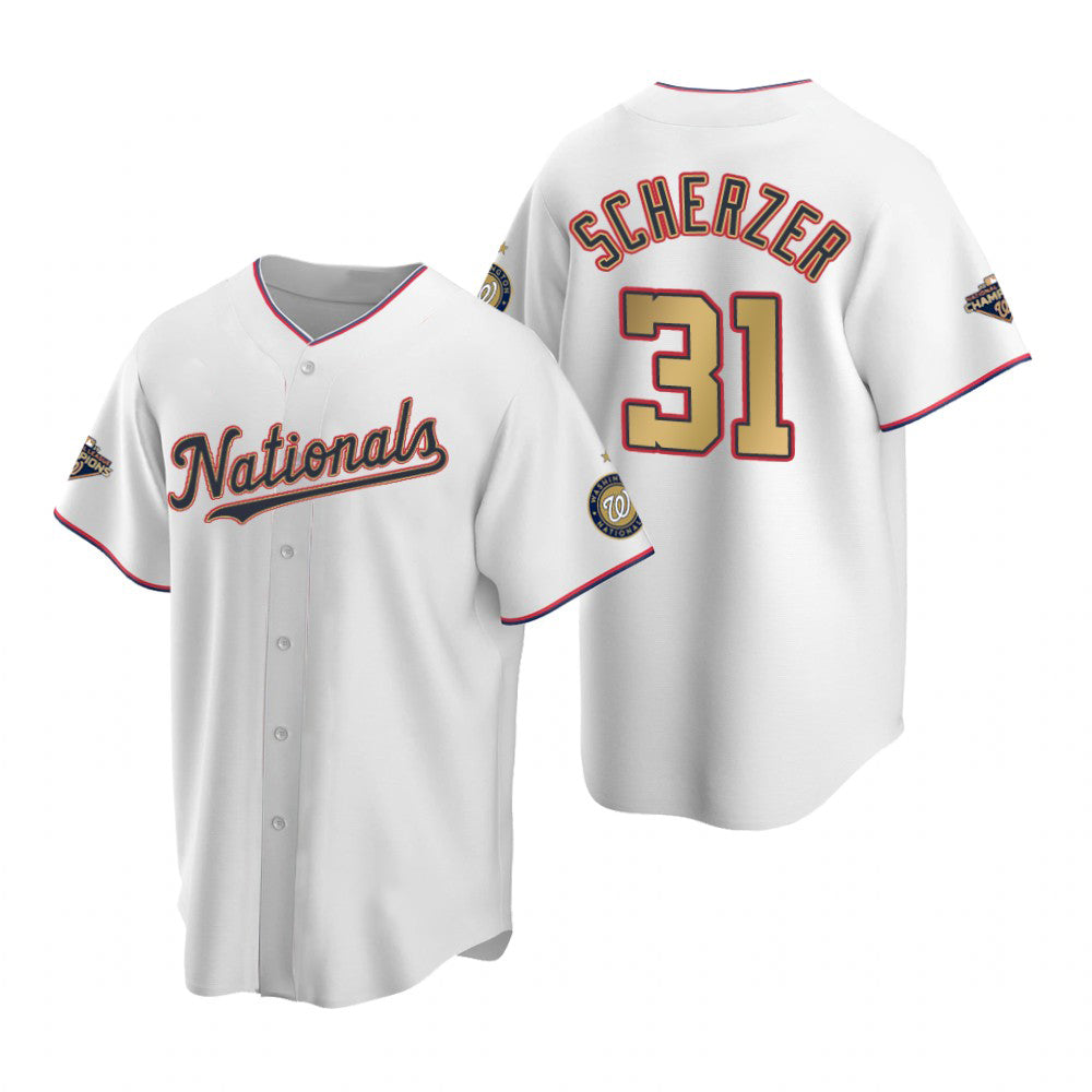 Washington Nationals #31 Max Scherzer White Gold MASONITE 2019 World Series Champions Stitched Cool Base Jersey