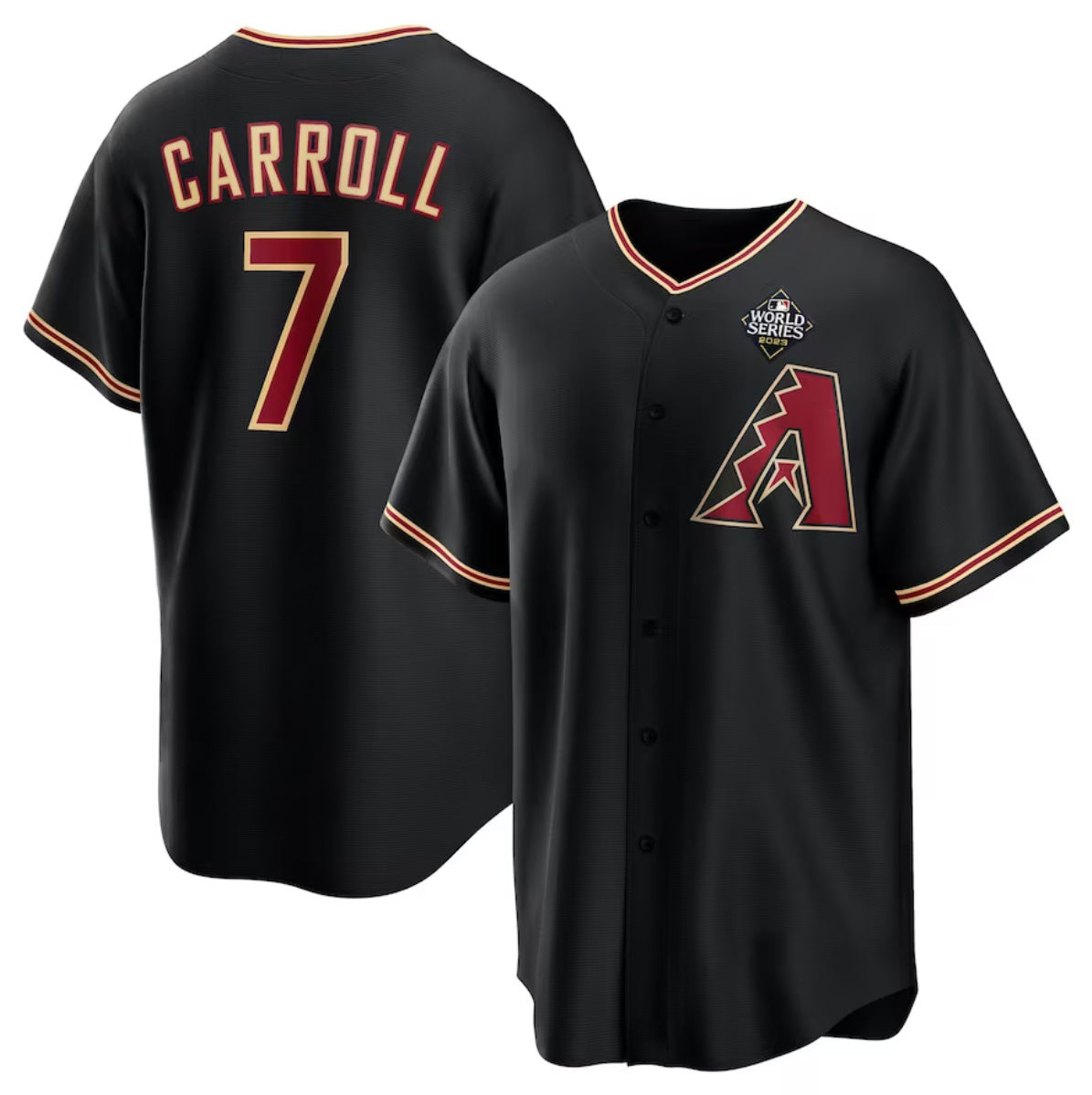 Arizona Diamondbacks #7 Corbin Carroll Black MASONITE 2023 World Series Cool Base Stitched Jersey