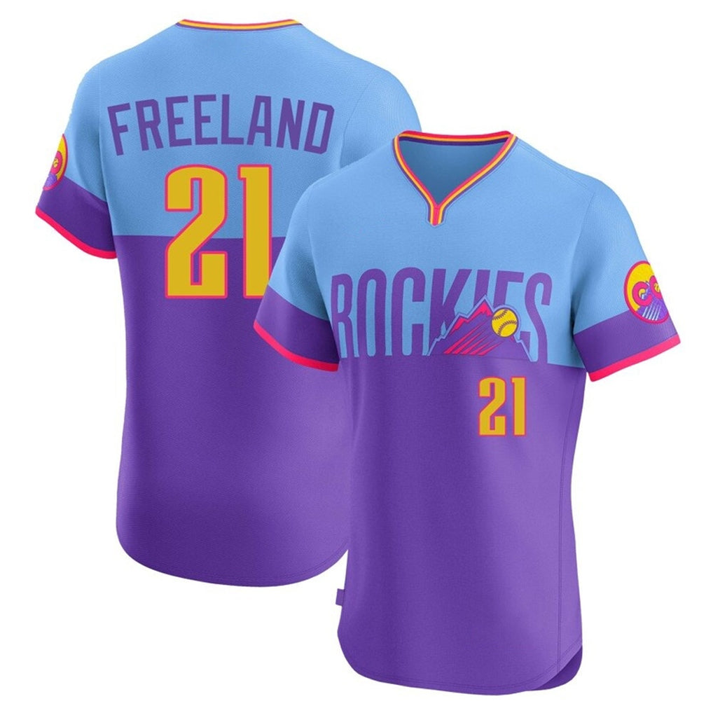 Colorado Rockies #21 Kyle Freeland Player Purple-Light Blue MASONITE City Connect Limited Elite Home T-shirt Stitched Jerseys